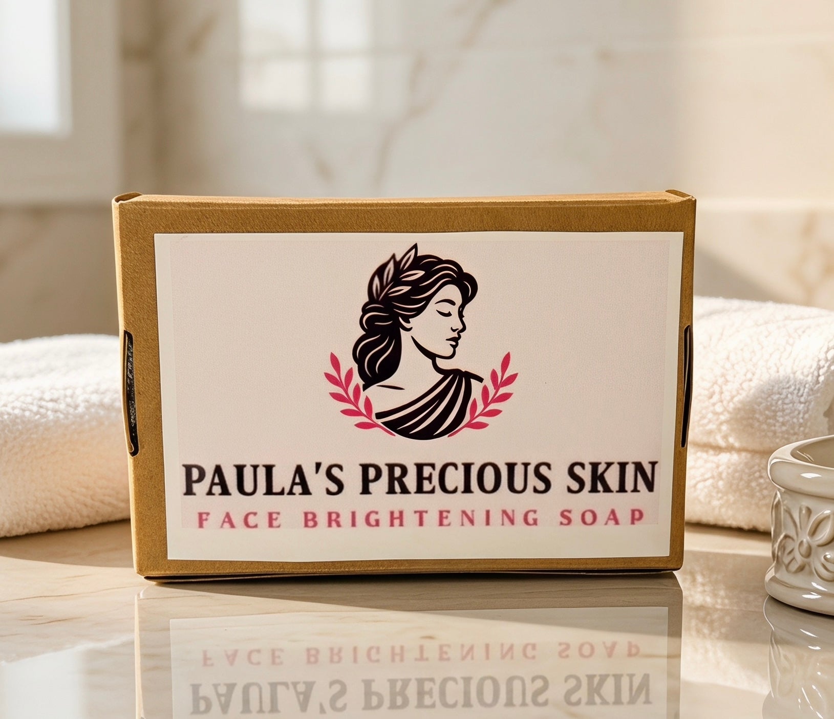 A rectangular cardboard box of Paula's Precious Skin Face Brightening Soap, featuring a white label with a black classical profile illustration and pink laurel leaves, set on a marble surface with white towels in the background.