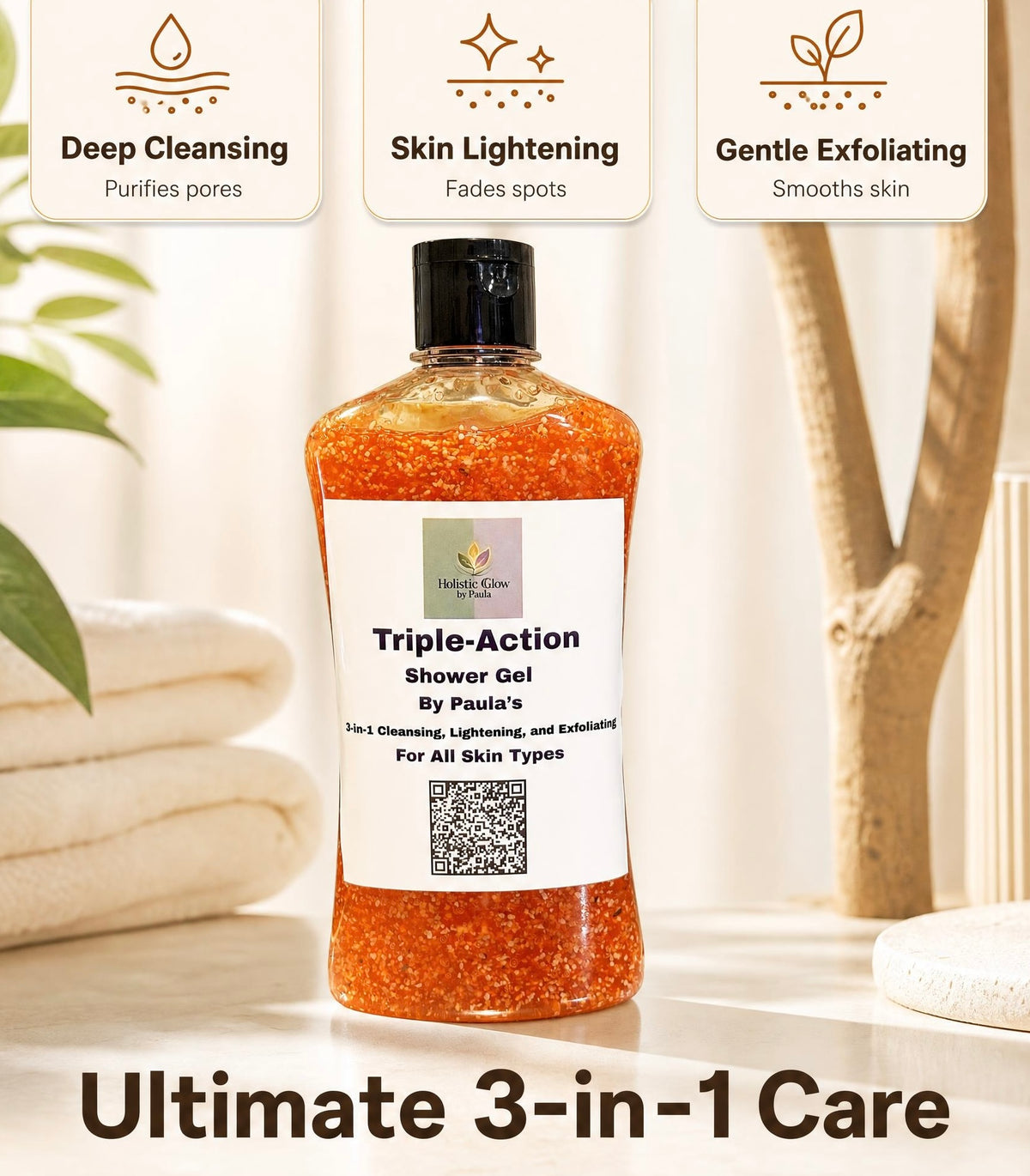 A bottle of Triple-Action Shower Gel by Paula's, filled with orange glitter gel, displayed on a white surface with three informational badges above it highlighting its benefits: Deep Cleansing, Skin Lightening, and Gentle Exfoliating. The background is a soft, warm-toned bathroom setting with a towel and wooden decor.
