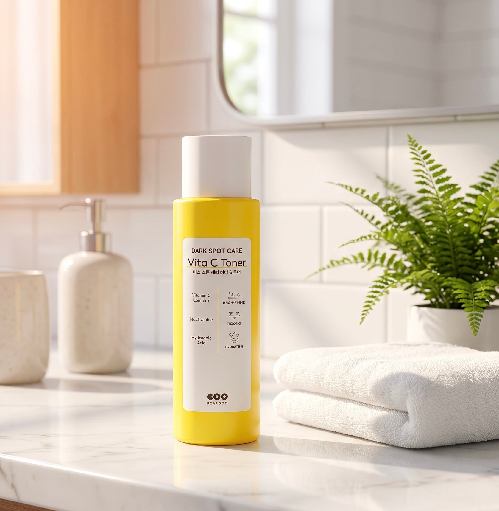 A yellow bottle of 400x Vita C Toner with a white cap stands on a white marble bathroom counter, surrounded by a folded white towel, a potted fern, and a soap dispenser in a bright, modern bathroom setting.