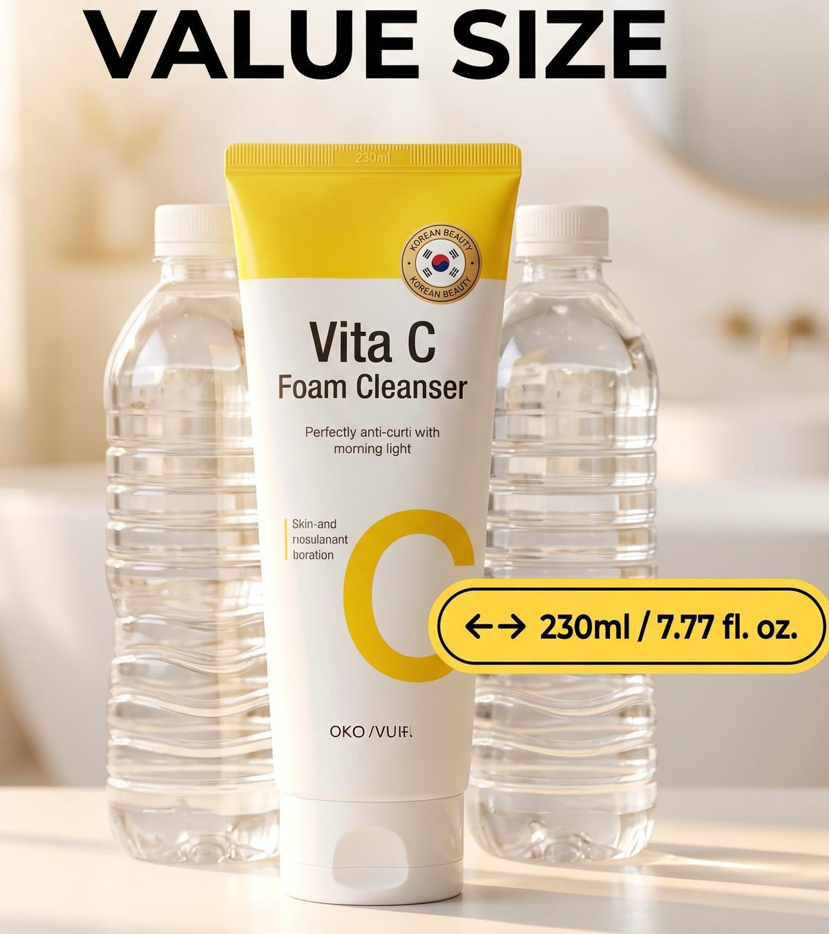 A tube of OKO/VUIR Vita C Foam Cleanser stands centered between two clear plastic water bottles on a light countertop. Large text at the top reads 'VALUE SIZE,' and a yellow callout near the bottom indicates 230ml / 7.