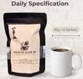 A stand-up pouch of Holistic Glow By Paula's Diet Coffee dietary supplement next to a white mug filled with coffee, under a header reading 'Daily Specification'. A graphic indicates '10g x 12 Sachets' with a scale arrow.
