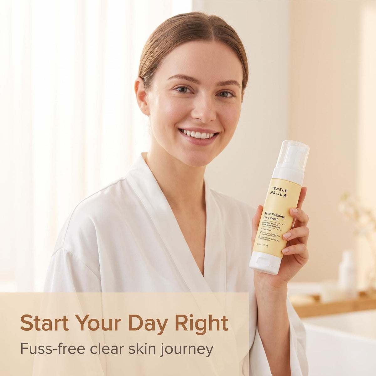 A smiling woman in a white robe holds a bottle of Shise Paula Hair-Fighting Shampoo in a bright, clean bathroom setting. Text at the bottom reads 'Start Your Day Right' and 'Fuss-free clear skin journey'.