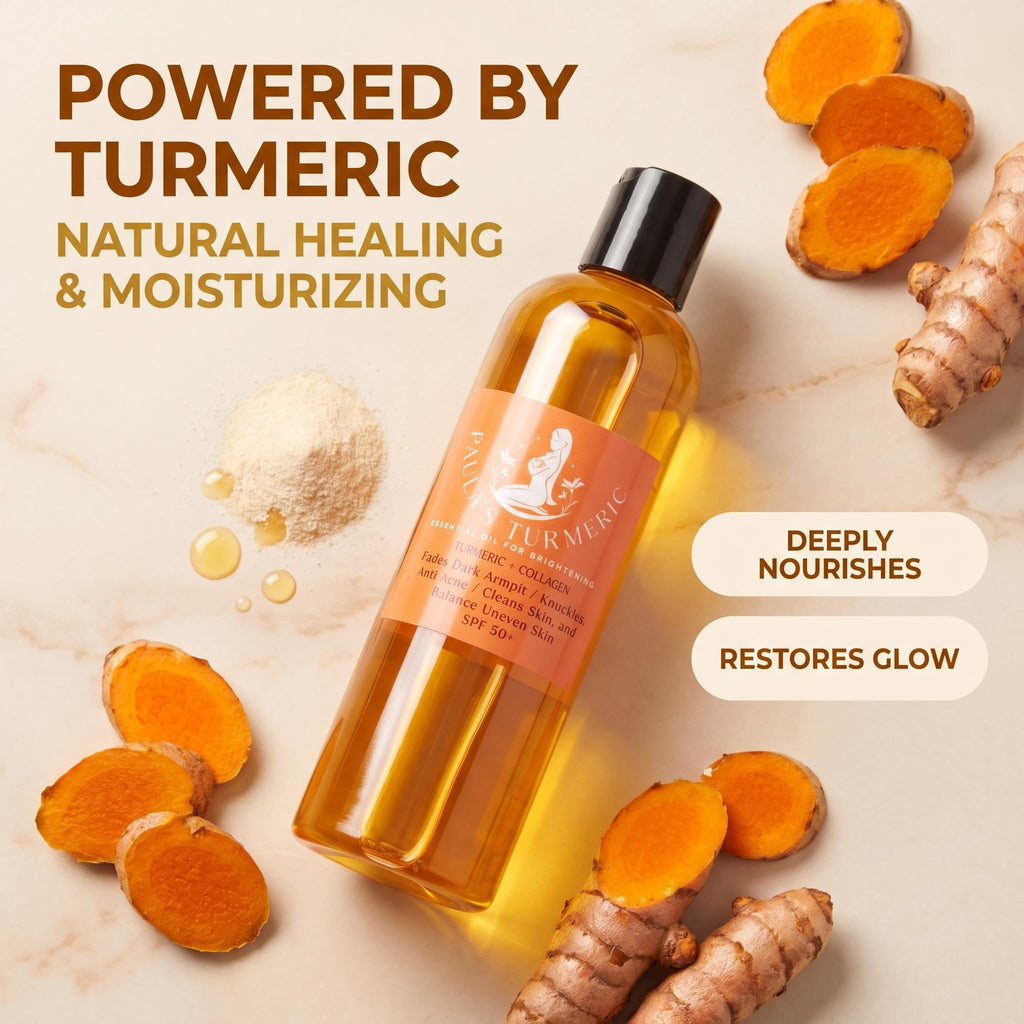 A bottle of Turmeric Hair Growth Serum with golden-yellow liquid and an orange label, styled on a light marble background with turmeric roots, powder, and text overlays.