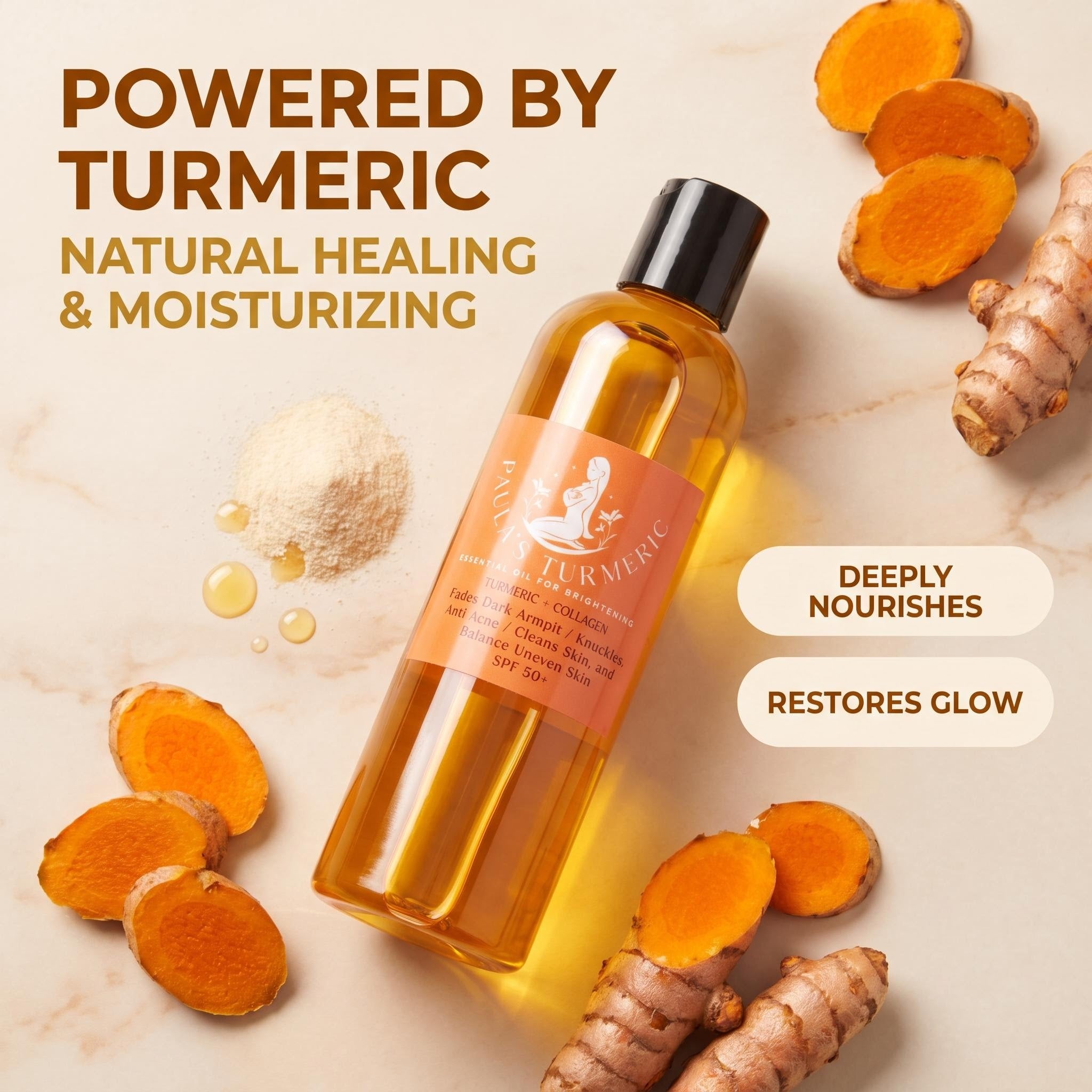 A bottle of Turmeric Hair Growth Serum with golden-yellow liquid and an orange label, styled on a light marble background with turmeric roots, powder, and text overlays.