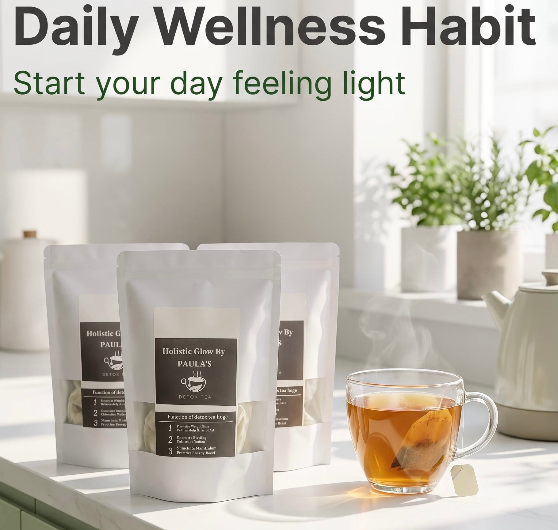 Three stand-up pouches of Paula's holistic glow tea are arranged on a bright kitchen counter next to a glass cup of brewed tea with a tea bag tag, with text overlay reading 'Daily Wellness Habit' and 'Start your day feeling light'.