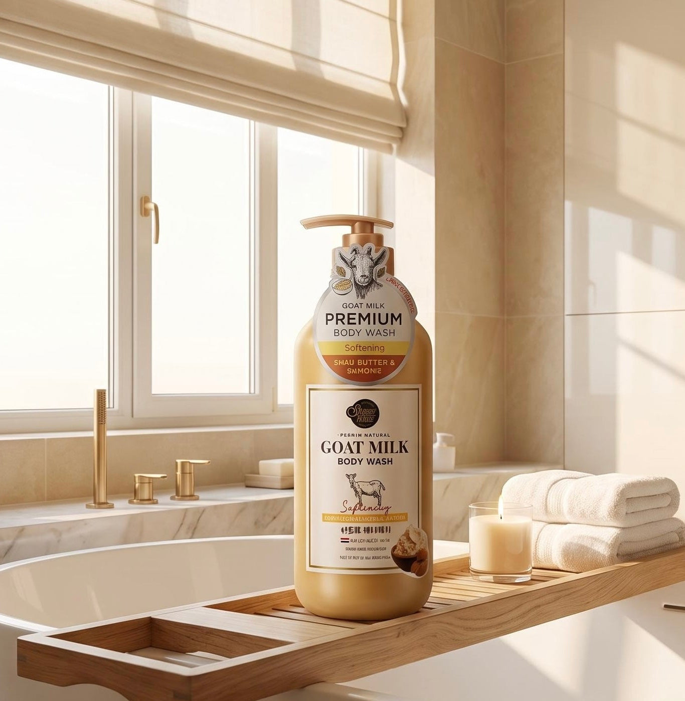 A bottle of goat milk body wash stands on a wooden bath caddy draped over a white bathtub in a bright, modern bathroom. Folded towels, a small glass with cream, and a window with warm sunlight are visible in the background.