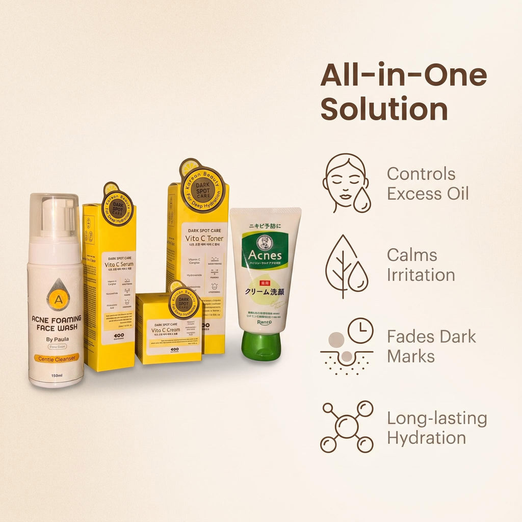 Acnes All-in-One Solution skincare set on a light beige background, featuring a white acne face wash bottle, yellow and gold boxes, and a white cream cleanser with a green cap. Text on the right lists benefits: controls excess oil, calms irritation, fades dark marks, and provides long-lasting hydration.
