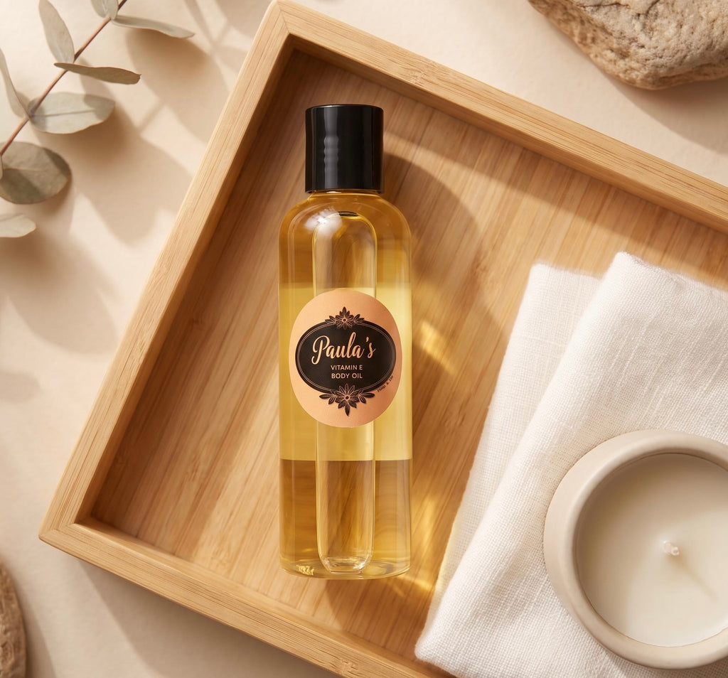 A bottle of Paula's Handmade Body Oil with a black cap and a peach label, displayed on a wooden tray next to a folded white towel and a candle.