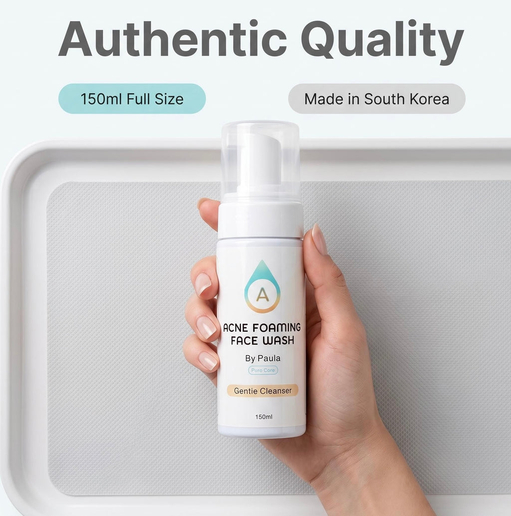 A hand holds a 150ml pump bottle of acne-forming face wash against a light gray tray background. Text at the top reads 'Authentic Quality' with '150ml Full Size' and 'Made in South Korea' callouts.