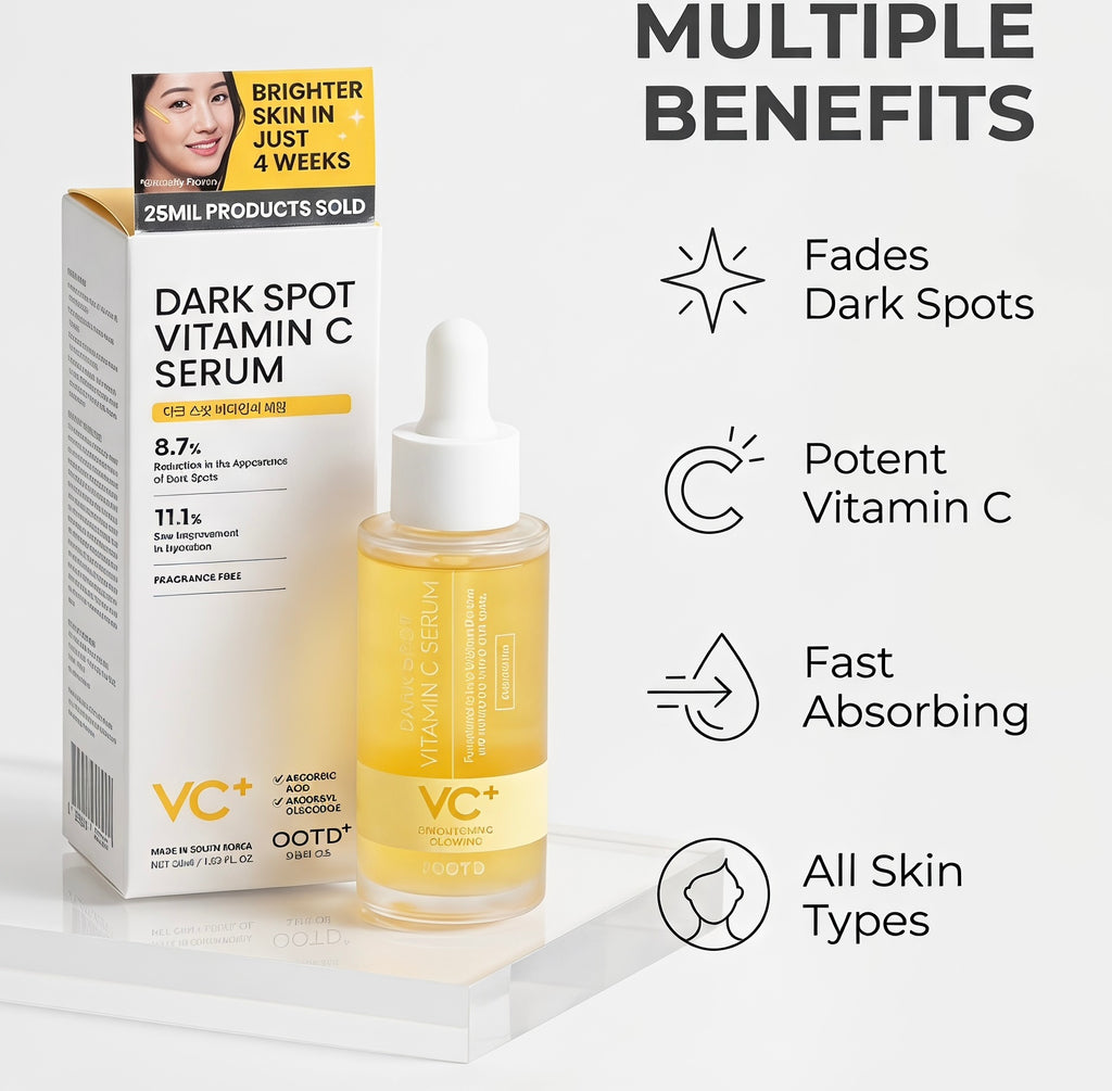 VC+ Brighter Skin Vitamin C Serum shown with its retail box and dropper bottle on a clean white background, alongside text listing multiple benefits such as fading dark spots, potent vitamin C, fast absorbing, and all skin types.