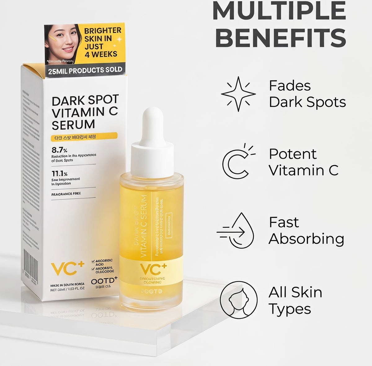 VC+ Brighter Skin Vitamin C Serum shown with its retail box and dropper bottle on a clean white background, alongside text listing multiple benefits such as fading dark spots, potent vitamin C, fast absorbing, and all skin types.