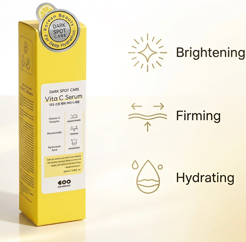 A yellow box of 400 DO ORANGE Dark Spot Care Vito C Serum stands on a white background with marketing callouts on the right: brightening, firming, and hydrating icons and text.