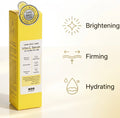 A yellow box of 400 DO ORANGE Dark Spot Care Vito C Serum stands on a white background with marketing callouts on the right: brightening, firming, and hydrating icons and text.