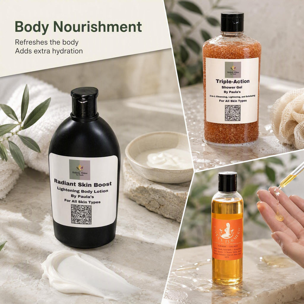 Three skincare products from Paula's are displayed in a collage: a black bottle of Radiant Skin Boost body lotion, an orange-labeled bottle of Triple-Action shower gel, and a hand holding a dropper over amber liquid. Text at the top reads 'Body Nourishment' with descriptive copy.