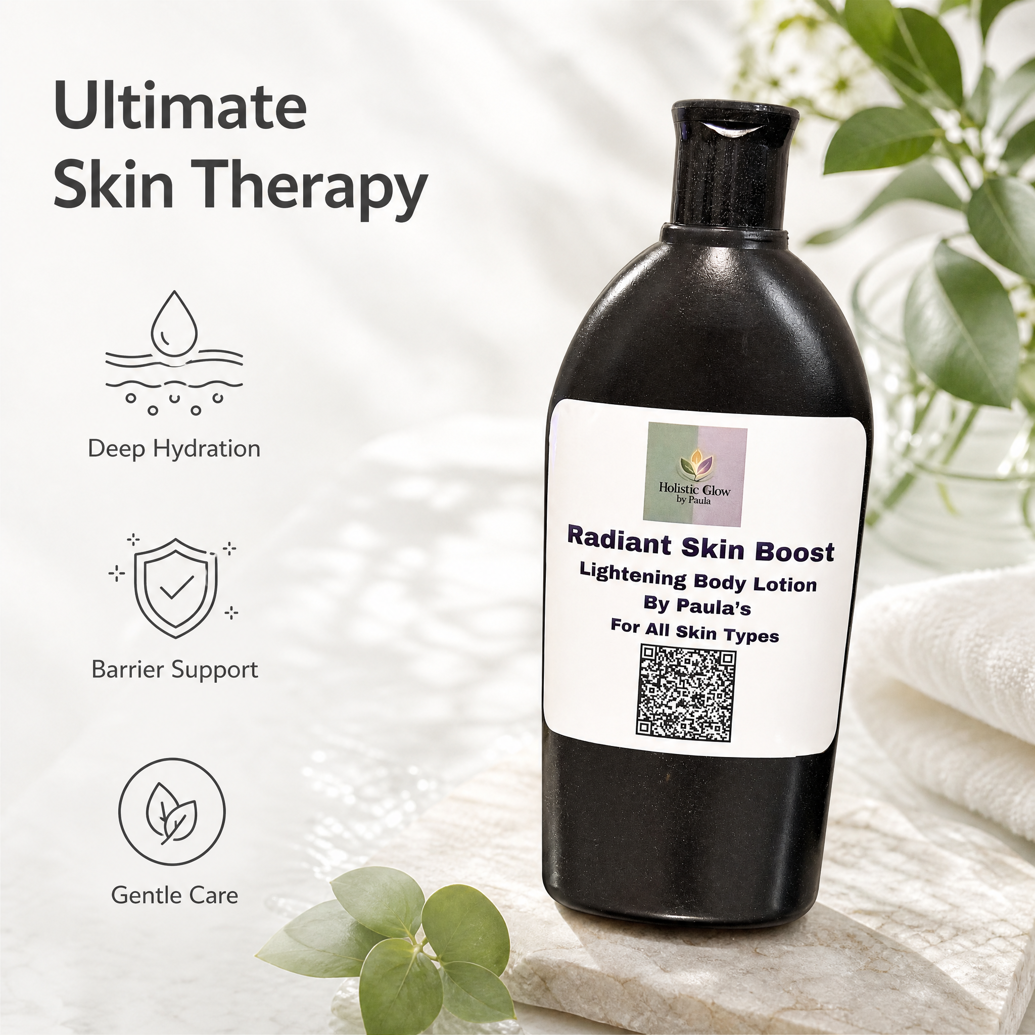 A black bottle of body lotion stands on a light fabric surface with decorative green leaves and a soft white background. The bottle has a white label reading 'Radiant Skin Boost Lightening Body Lotion By Paula's' and a small logo at the top.