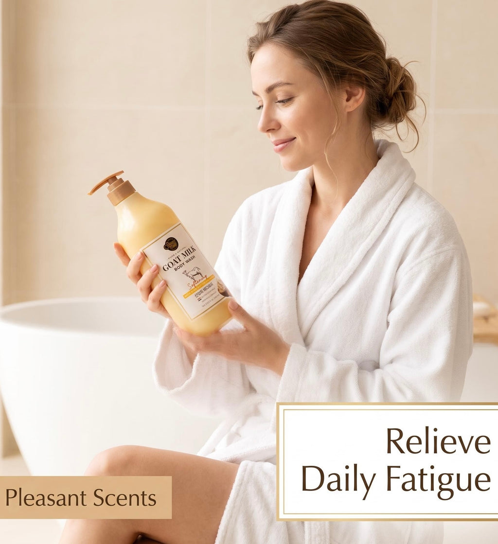 A woman in a white bathrobe holds a bottle of Calmscape Relaxing Shampoo in a bright bathroom setting. Text overlays read 'Pleasant Scents' and 'Relieve Daily Fatigue'.
