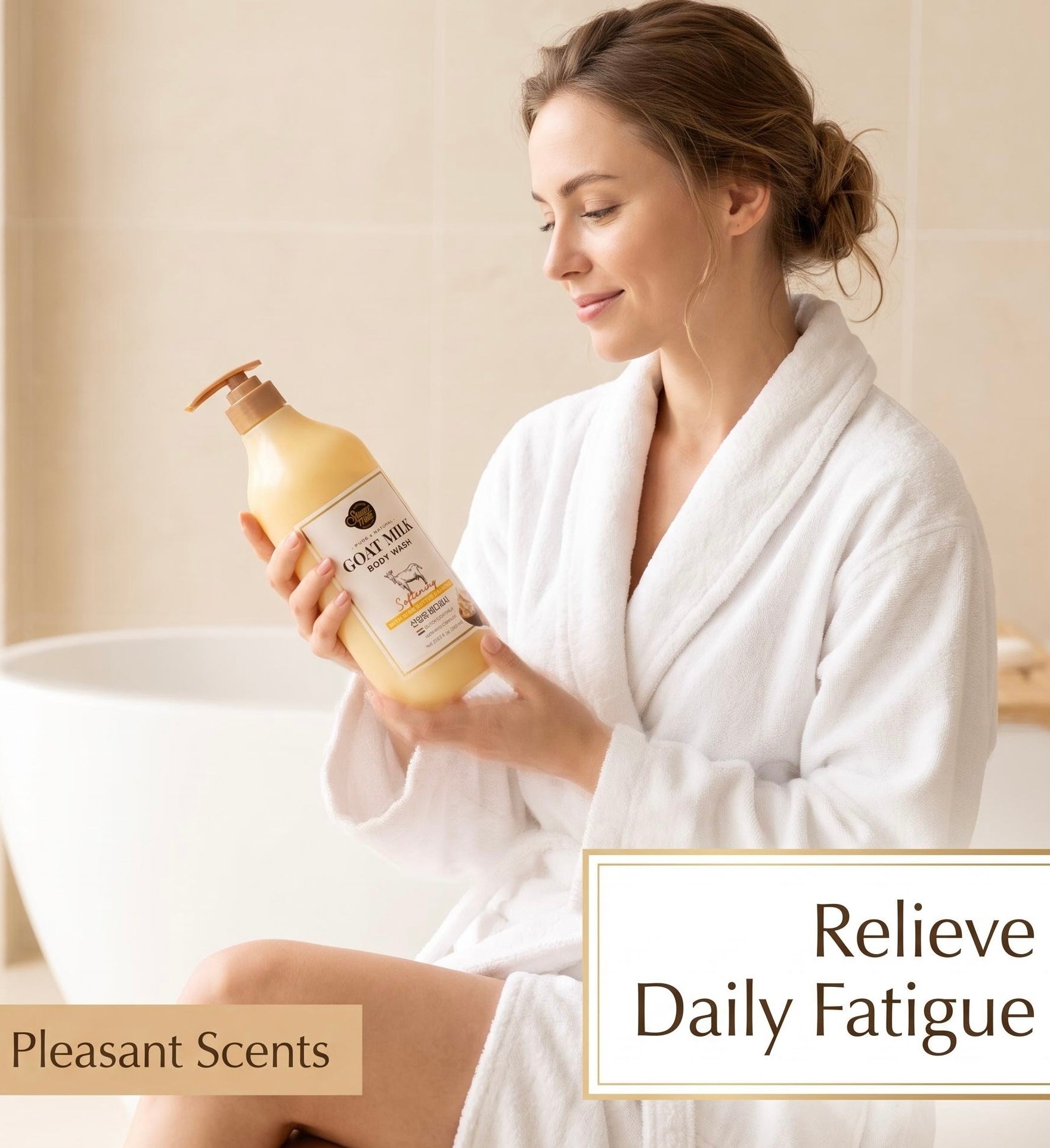 A woman in a white bathrobe holds a bottle of Calmscape Relaxing Shampoo in a bright bathroom setting. Text overlays read 'Pleasant Scents' and 'Relieve Daily Fatigue'.
