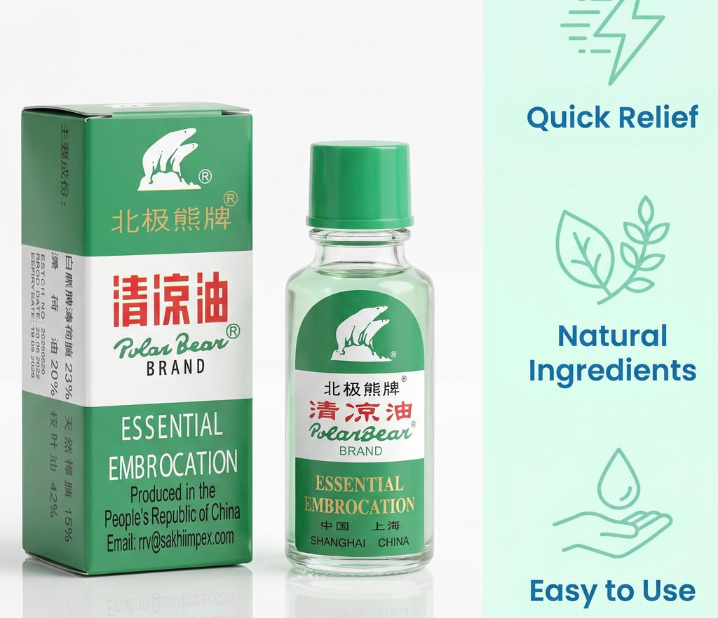 A bottle and box of Polar Bear Brand Essential Embrocation shown on a clean white background with light blue informational graphics on the right side. The product packaging is green, white, and red, and the bottle contains a pale green liquid.