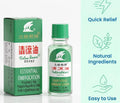 A bottle and box of Polar Bear Brand Essential Embrocation shown on a clean white background with light blue informational graphics on the right side. The product packaging is green, white, and red, and the bottle contains a pale green liquid.