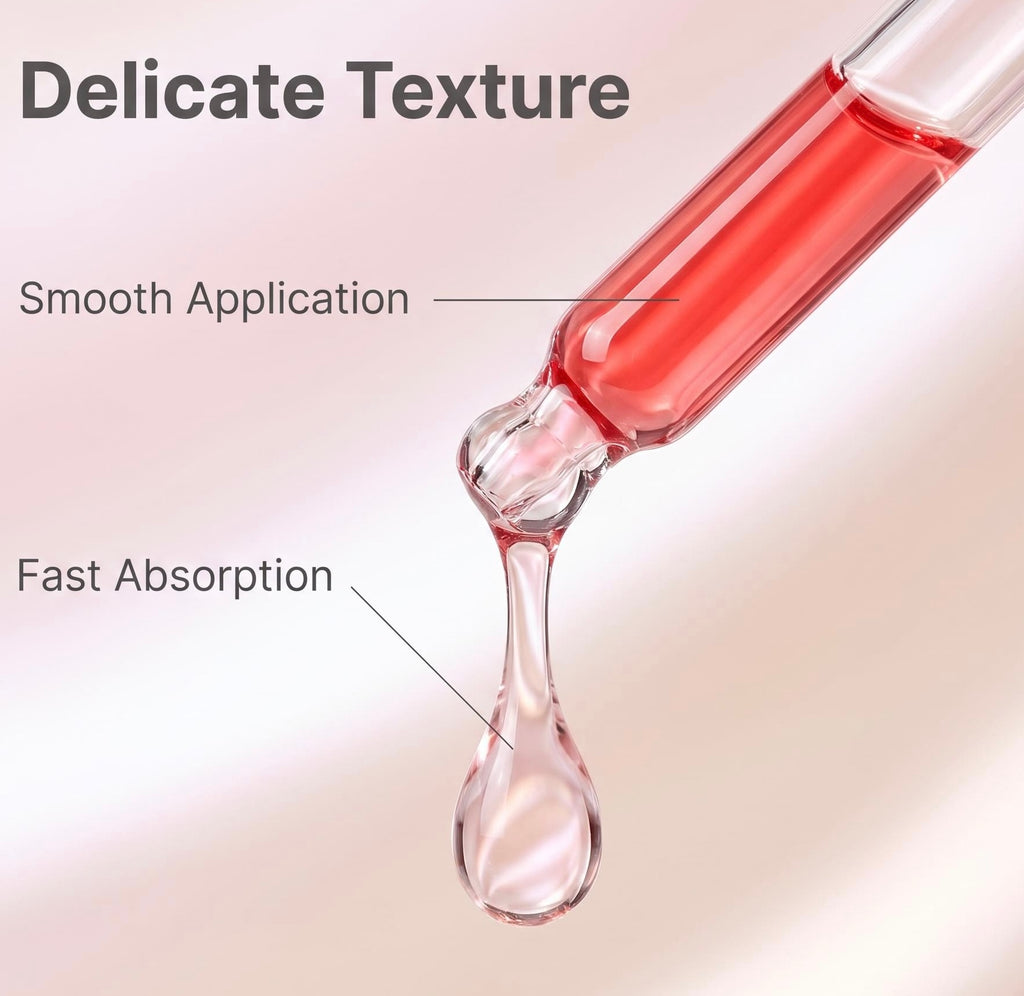 A close-up graphic showing a glass dropper tube filled with pink liquid, with a single clear teardrop drop falling below. Text reads 'Delicate Texture,' 'Smooth Application,' and 'Fast Absorption' on a soft beige background.