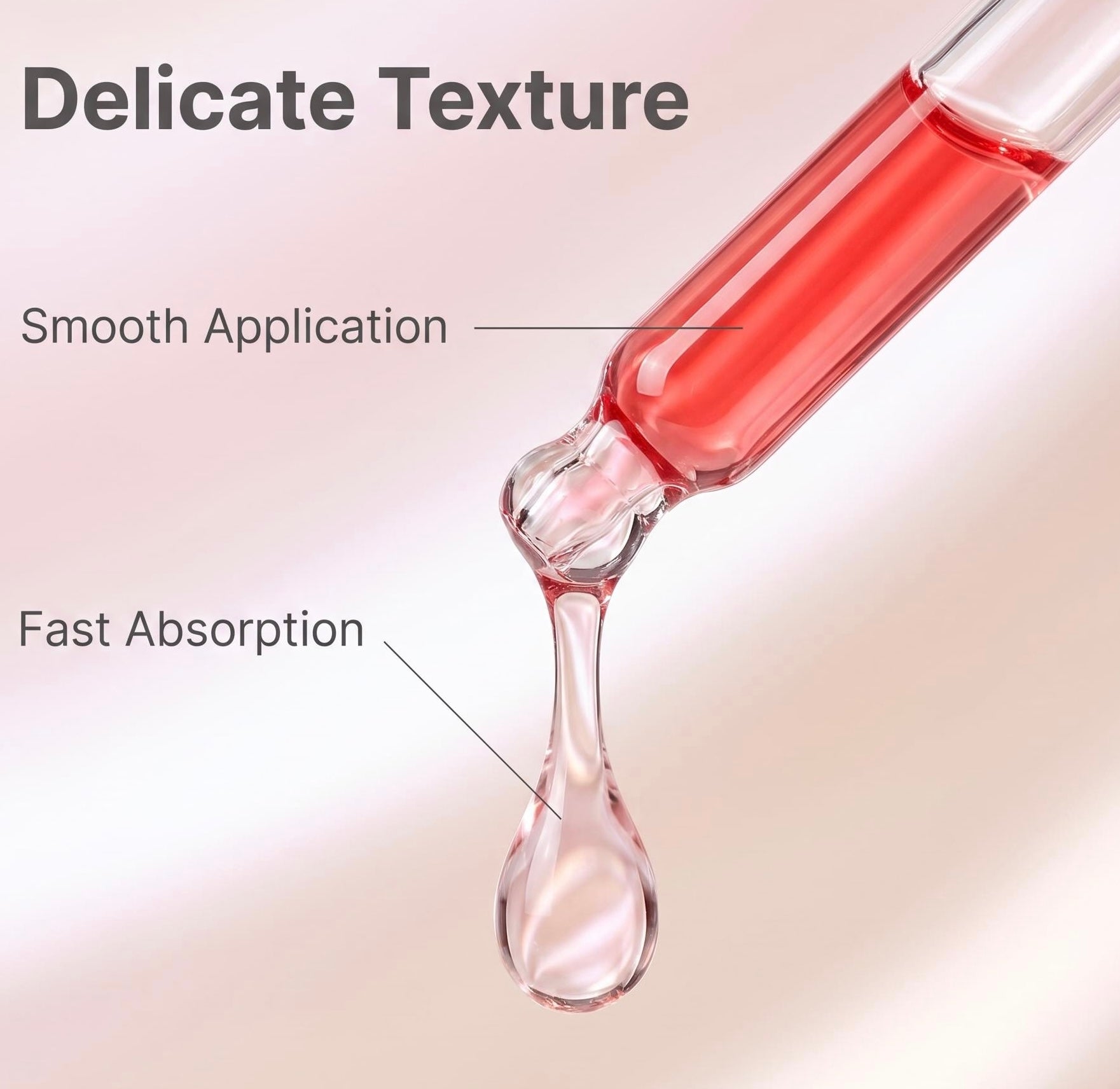 A close-up graphic showing a glass dropper tube filled with pink liquid, with a single clear teardrop drop falling below. Text reads 'Delicate Texture,' 'Smooth Application,' and 'Fast Absorption' on a soft beige background.