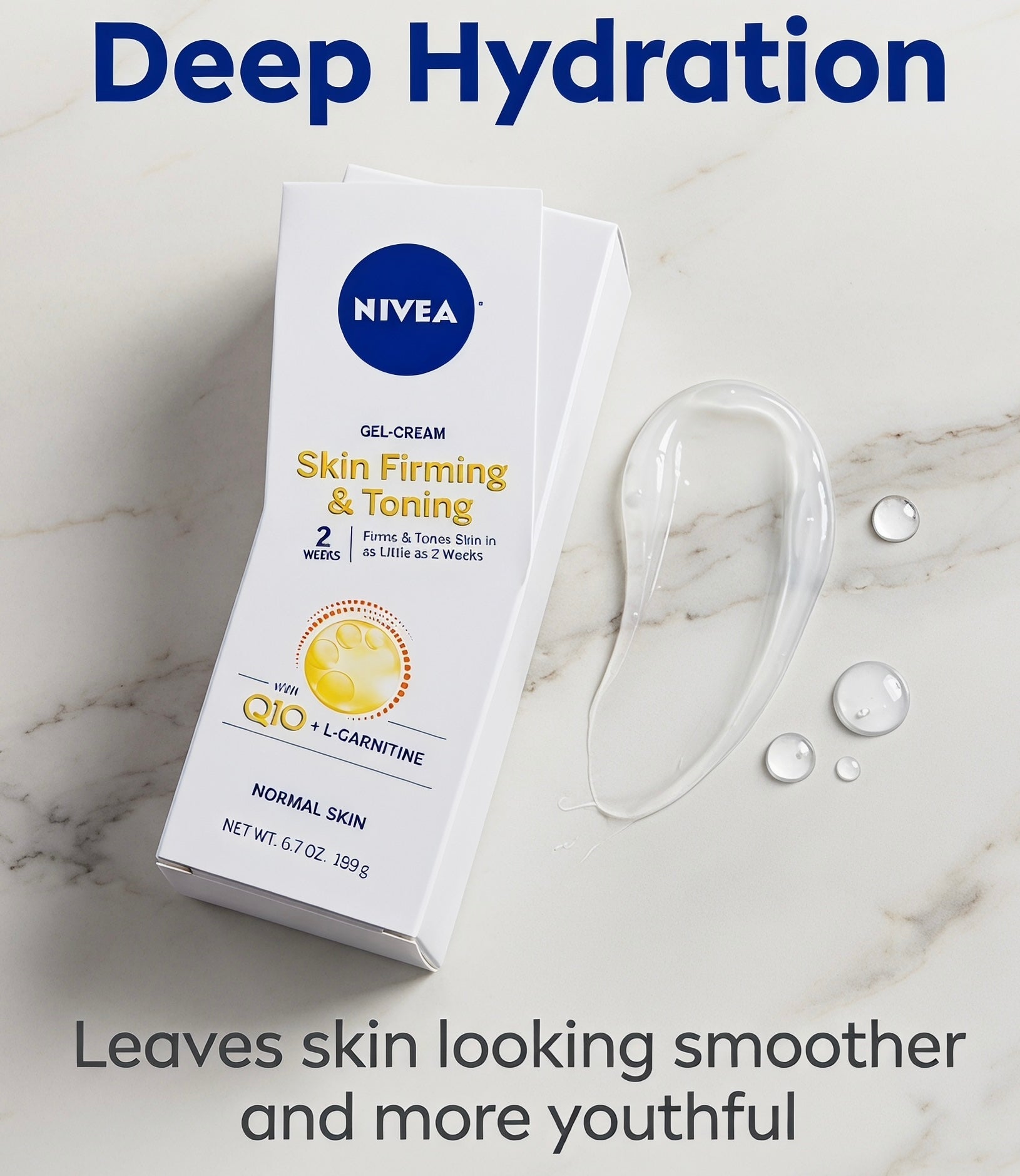 Nivea Deep Hydration Skin Firming & Toning Gel-Cream in a white box, shown on a light marble background with a clear applicator and water droplets. Text overlays read 'Deep Hydration' and 'Leaves skin looking smoother and more youthful'.