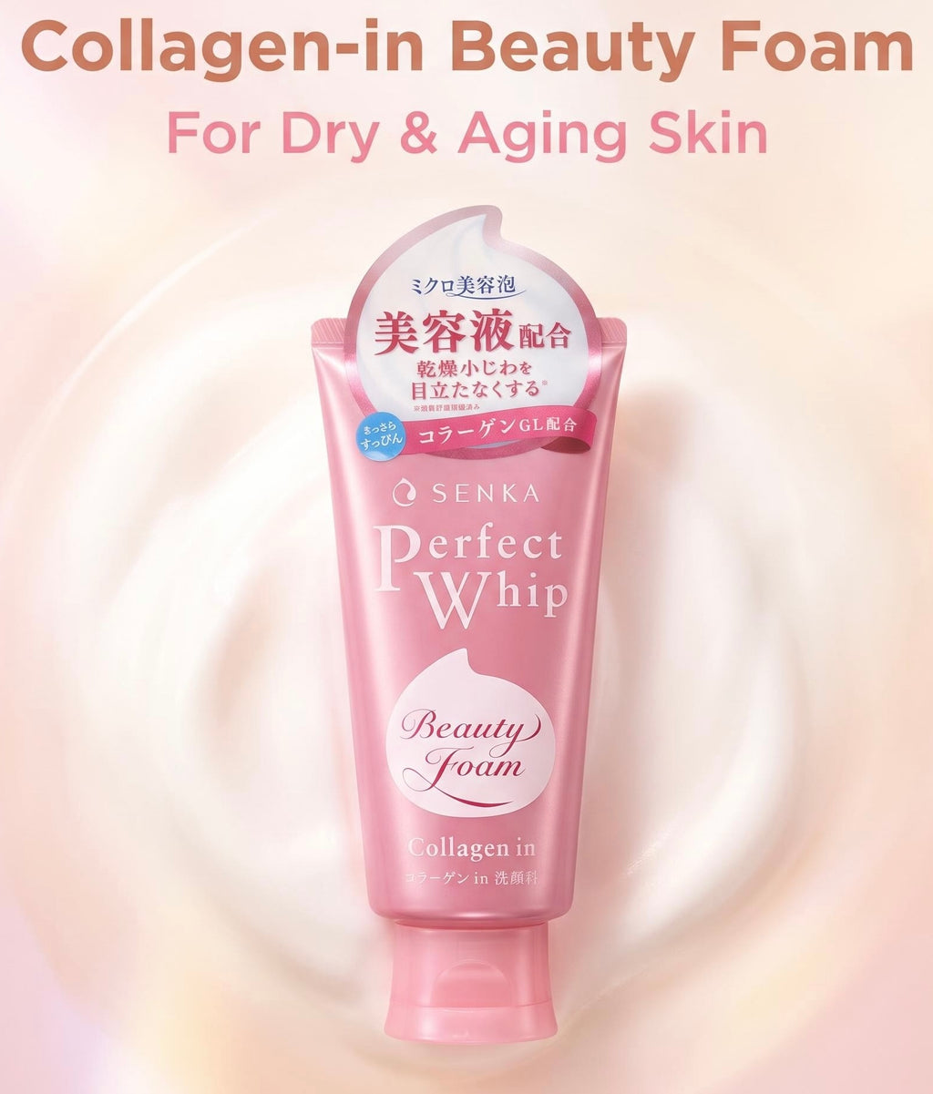A pink squeeze tube of Senka Perfect Whip Beauty Foam centered on a soft pink and cream background with the text 'Collagen-in Beauty Foam For Dry & Aging Skin' above it.