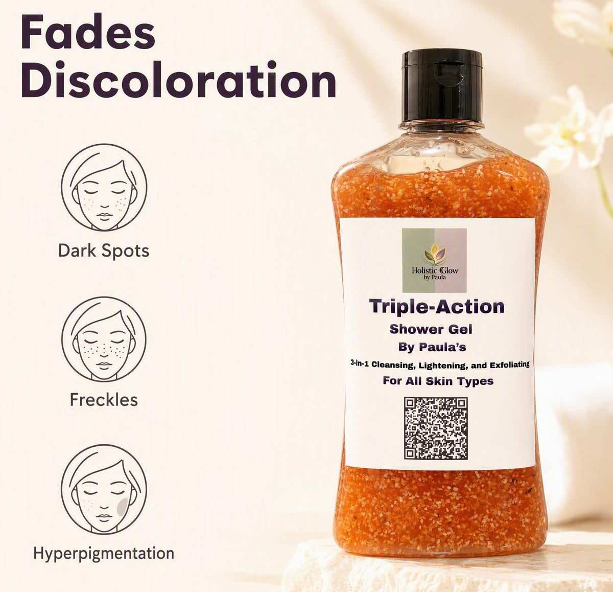 A bottle of Paula's Triple-Action Shower Gel with orange exfoliating granules, displayed on a light marble surface with a soft-focus background. The left side features informational graphics with icons and text for 'Dark Spots', 'Freckles', and 'Hyperpigmentation' under the heading 'Fades Discoloration'.