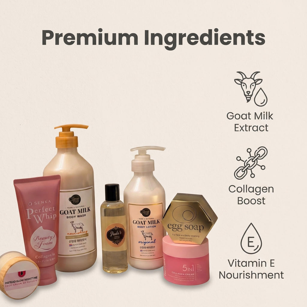 A promotional collage showing several skincare and body care products arranged on a light beige background with text reading 'Premium Ingredients' and callouts for Goat Milk Extract, Collagen Boost, and Vitamin E Nourishment.