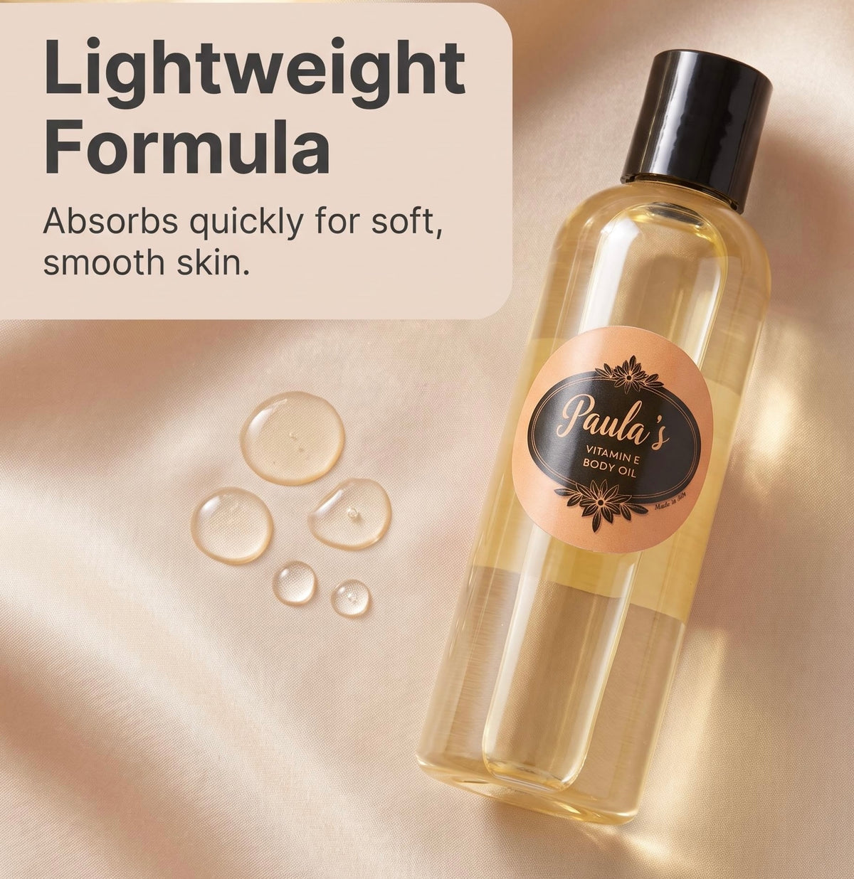 A clear bottle of Paula's Vitamin Body Oil with a black cap and peach label, shown on a warm beige satin background with text reading 'Lightweight Formula' and a few translucent droplets.