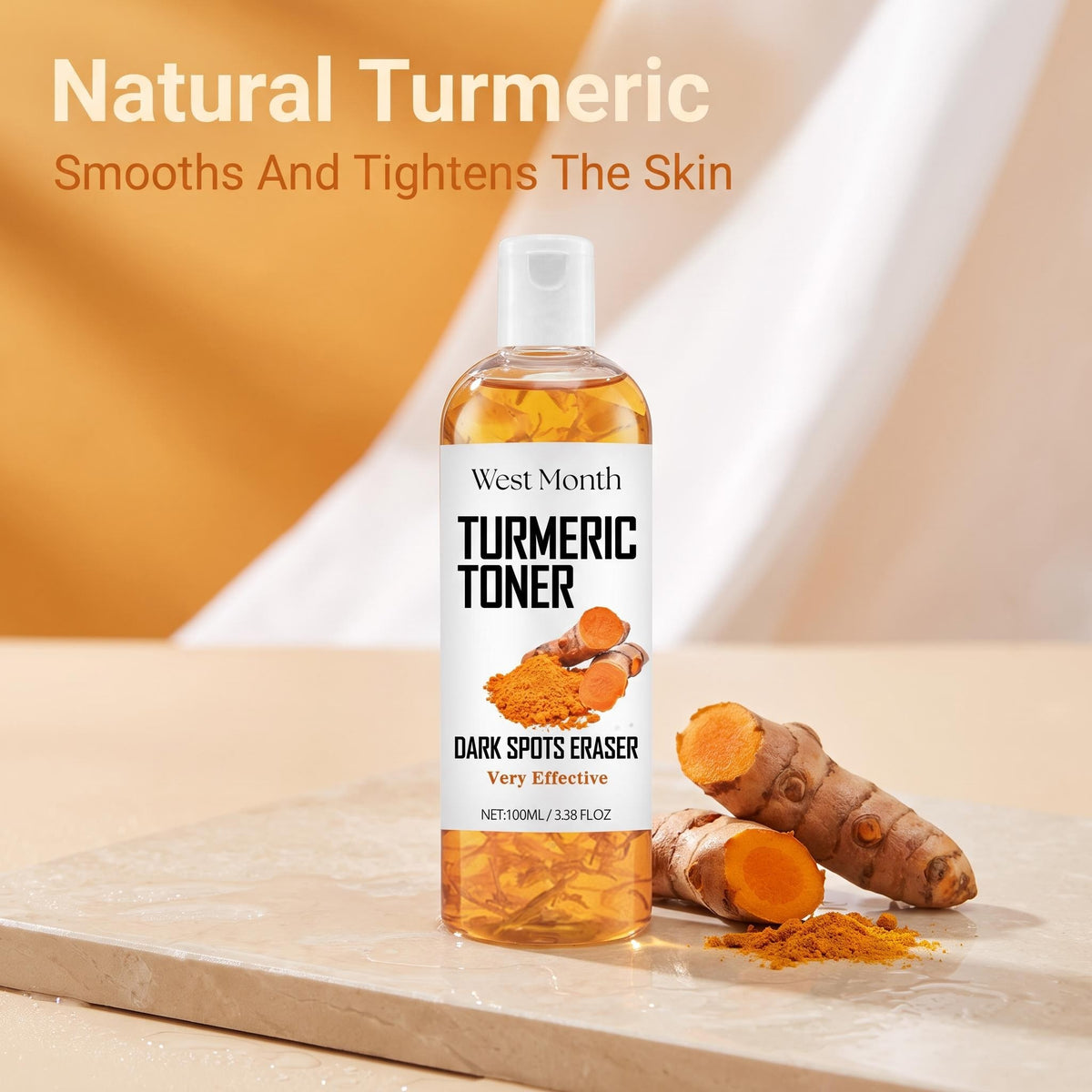 A bottle of West Month Turmeric Toner stands on a light stone surface with turmeric root slices and powder nearby. The background is a soft warm beige and orange studio setup with promotional text reading 'Natural Turmeric' and 'Smooths And Tightens The Skin.