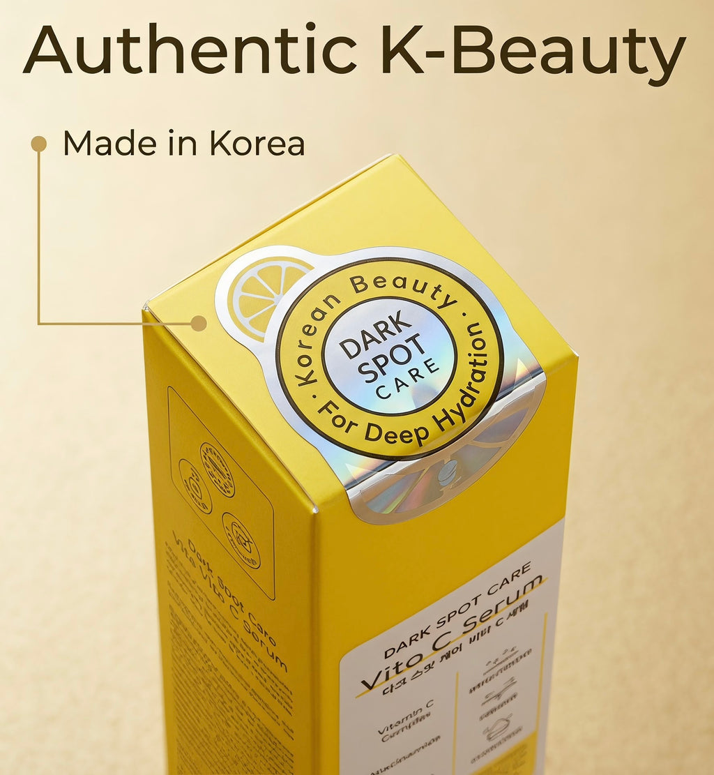 Yellow K-Beauty skincare box labeled 'Dark Spot Care' with a silver foil seal and a 'Made in Korea' callout on a beige background.