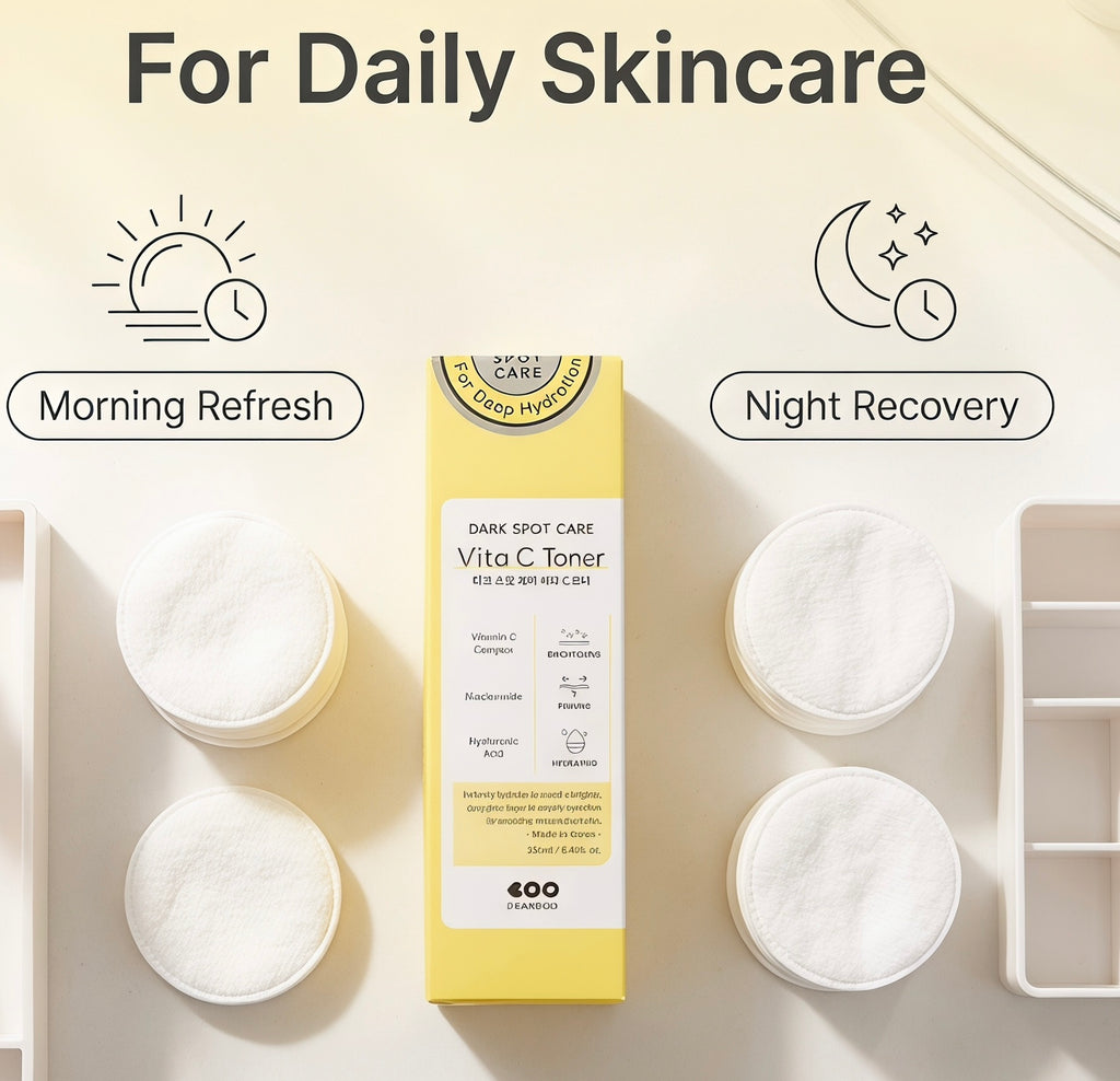 A skincare product set on a light beige background with text reading 'For Daily Skincare' and icons for 'Morning Refresh' and 'Night Recovery.' The central product is a tall yellow box labeled 'Dark Spot Care Vita C Toner' by 400 PANDBOO.