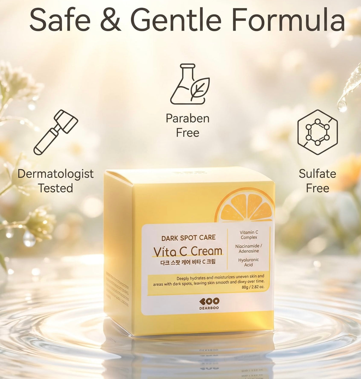 A boxed skincare cream labeled 'Dark Spot Care Vita C Cream' sits on a glossy reflective surface with a soft warm background. Large text at the top reads 'Safe & Gentle Formula,' with icons and text noting 'Dermatologist Tested,' 'Paraben Free,' and 'Sulfate Free.