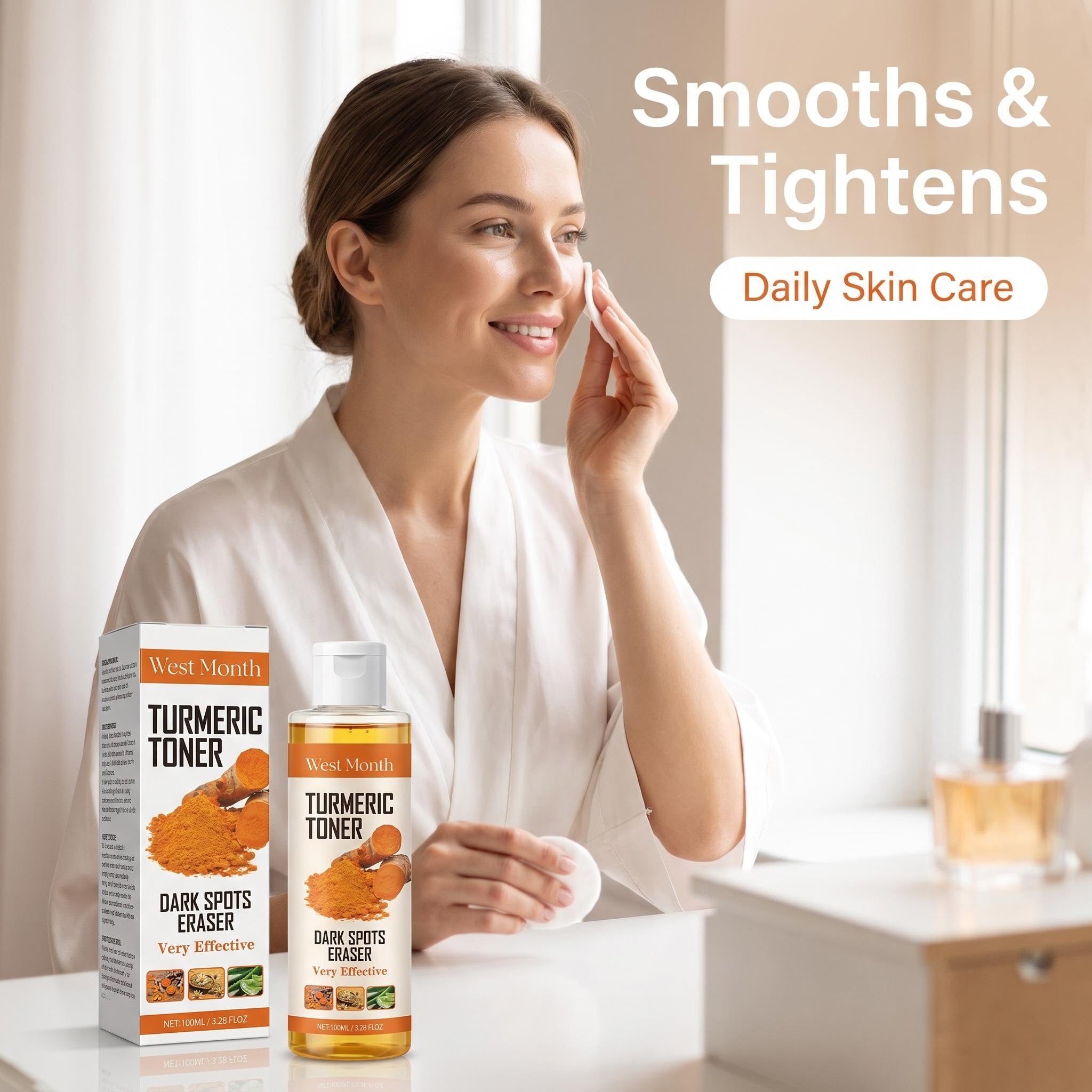 A woman in a white robe applies cream to her face beside a bottle and box of West Mouth Turmeric Toner on a bathroom counter, with text reading 'Smoothes & Tightens' and 'Daily Skin Care'.
