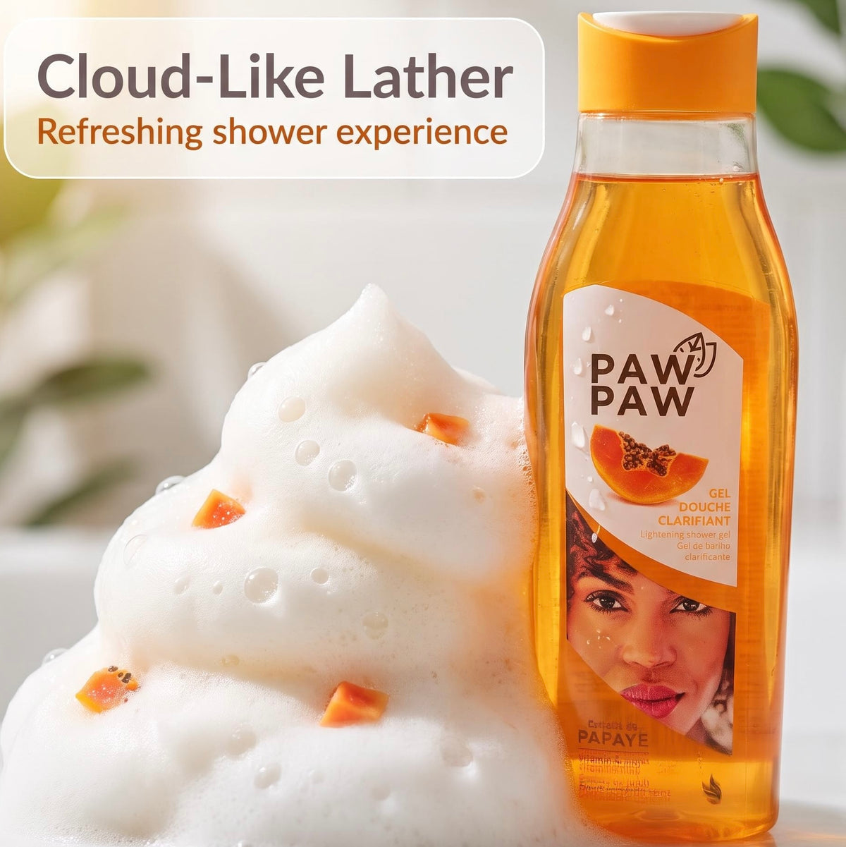 PAW PAW Papaya Douche Clarifying Gel bottle next to a large mound of white foam with small orange fruit pieces, with text reading 'Cloud-Like Lather' and 'Refreshing shower experience'.