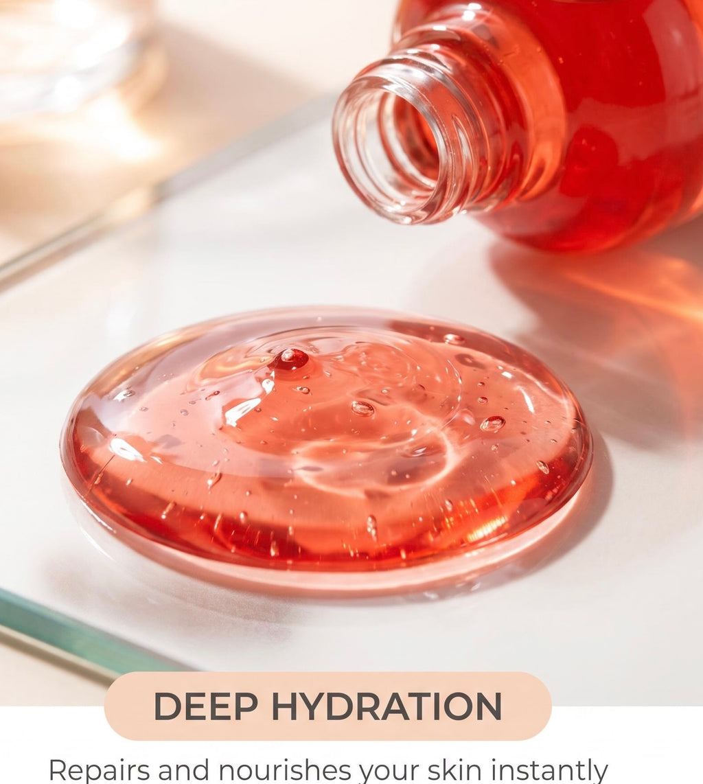 A close-up of a clear glass bottle pouring a translucent pinkish-red gel into a round dish, with the text 'DEEP HYDRATION' and 'Repairs and nourishes your skin instantly' at the bottom.