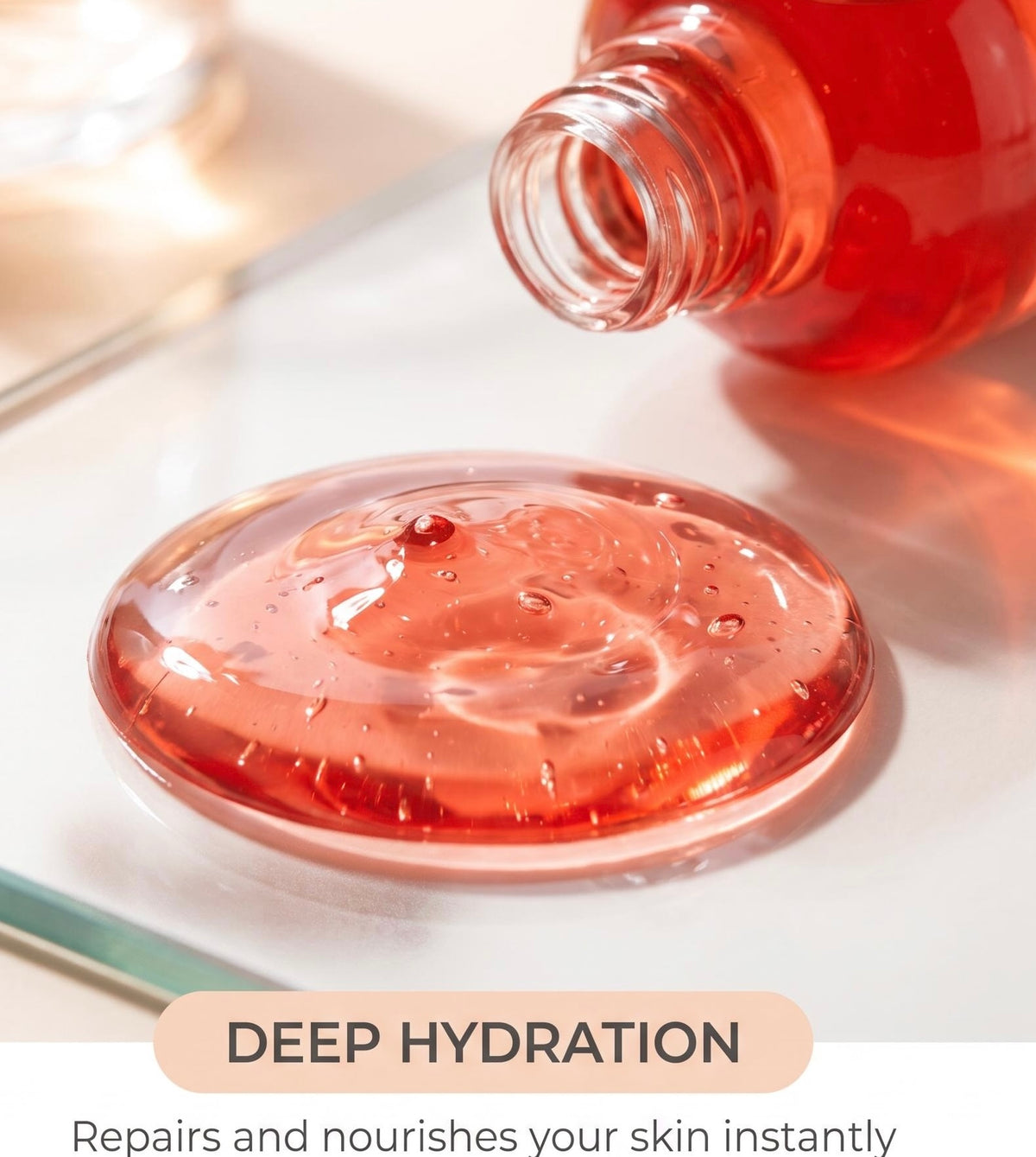 A close-up of a clear glass bottle pouring a translucent pinkish-red gel into a round dish, with the text 'DEEP HYDRATION' and 'Repairs and nourishes your skin instantly' at the bottom.