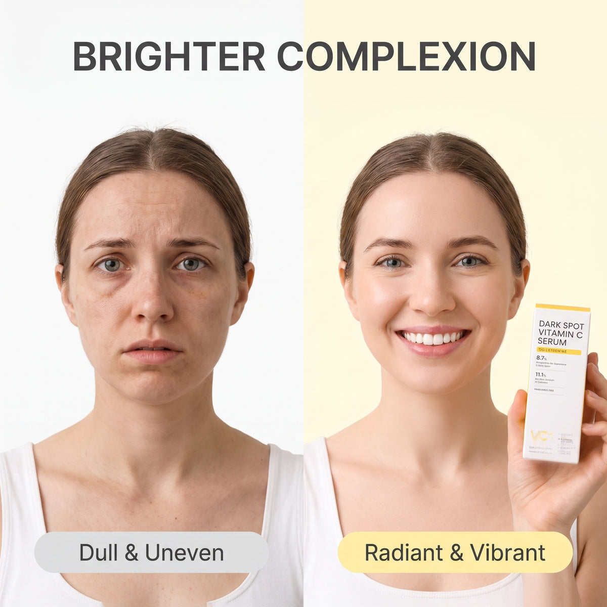 Before-and-after comparison of a woman's complexion, showing a dull and uneven face on the left and a bright, radiant complexion on the right while holding a box of 'DARK SPOT VITAMIN C SERUM'.