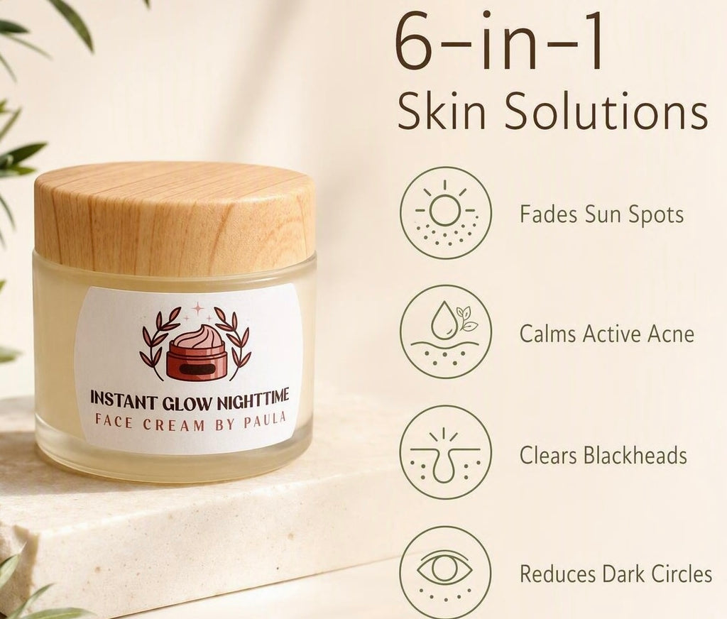 A jar of Instant Glow Nighttime Face Cream by Paula sits on a light stone surface beside text listing skin benefits: fades sun spots, calms active acne, clears blackheads, and reduces dark circles.