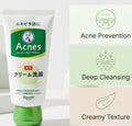 A tube of Rohto Acnes cream cleanser shown next to a three-panel graphic highlighting key benefits: Acne Prevention, Deep Cleansing, and Creamy Texture.