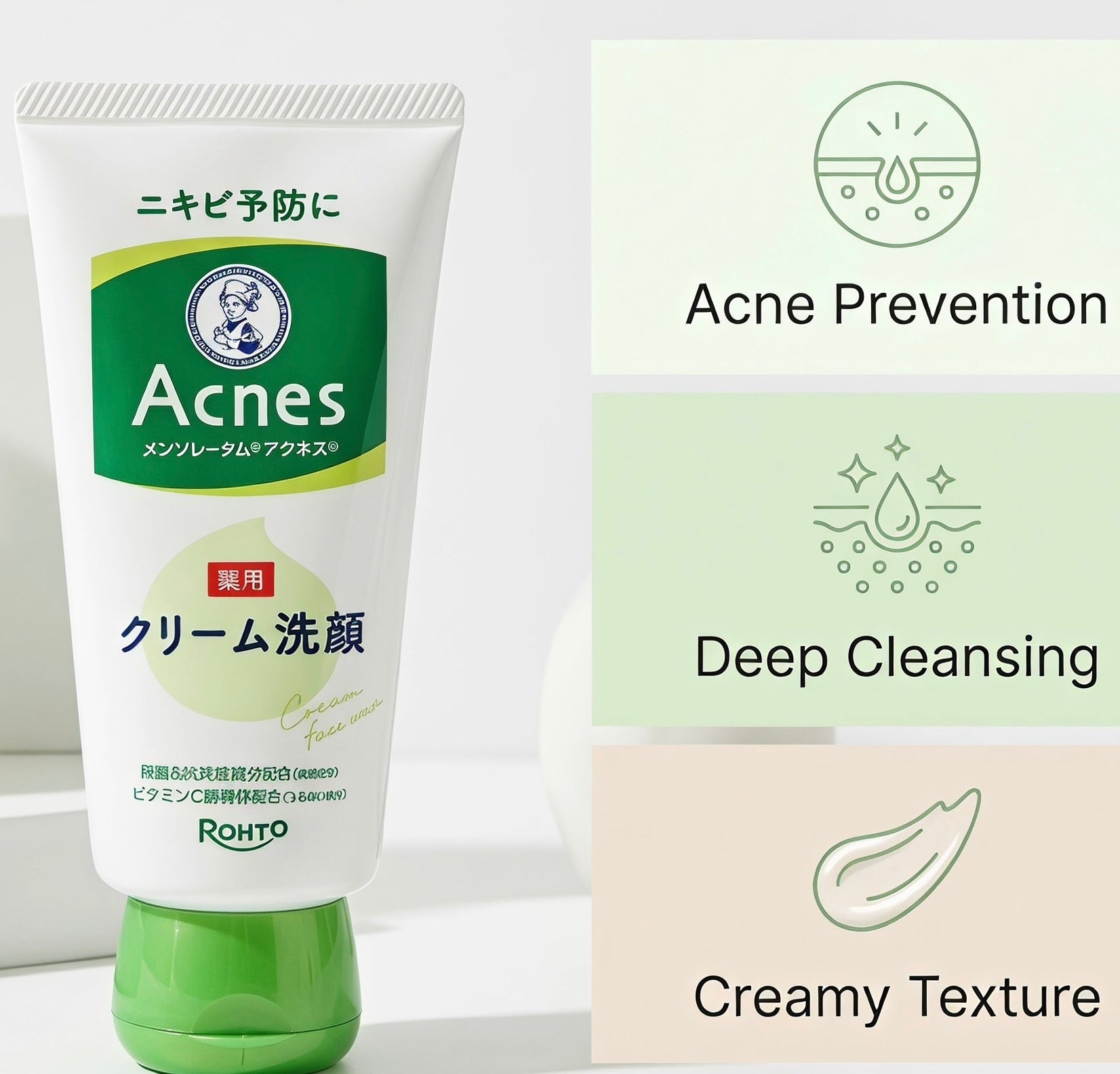 A tube of Rohto Acnes cream cleanser shown next to a three-panel graphic highlighting key benefits: Acne Prevention, Deep Cleansing, and Creamy Texture.