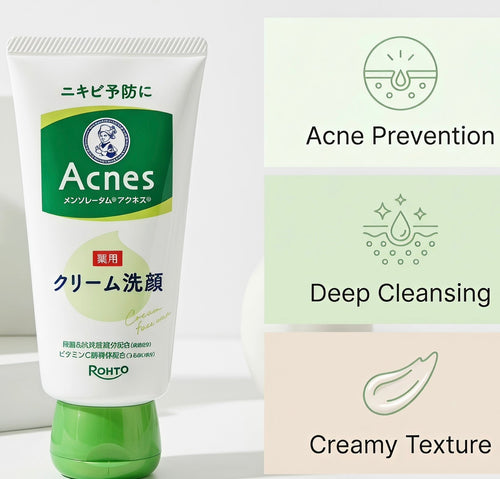 A tube of Rohto Acnes cream cleanser shown next to a three-panel graphic highlighting key benefits: Acne Prevention, Deep Cleansing, and Creamy Texture.