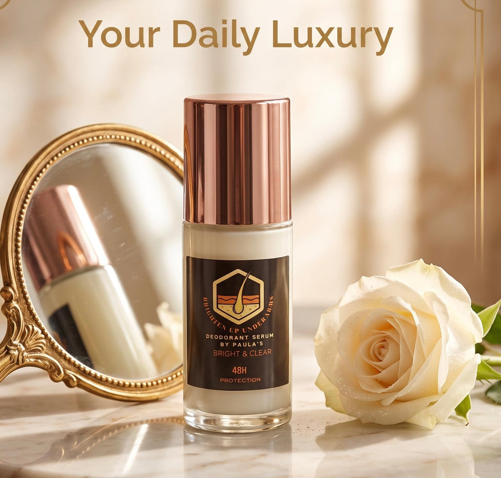 A bottle of男士 deodorant serum by Paula's Bright & Scaly stands on a marble surface next to an ornate gold mirror and a white rose, with the text 'Your Daily Luxury' at the top.