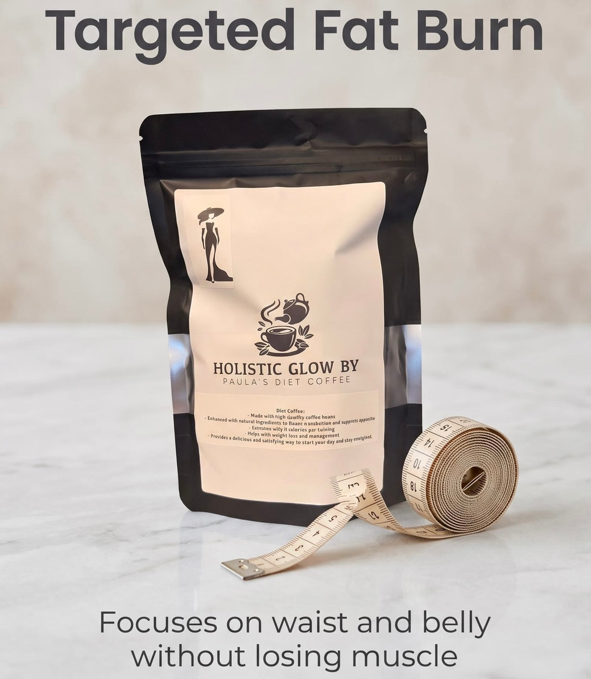 A stand-up pouch of Holistic Glow By Fairytale Coffee with a cream label and black sides, shown on a light marble surface with a measuring tape beside it. Large text at the top reads 'Targeted Fat Burn' and text at the bottom says 'Focuses on waist and belly without losing muscle'.