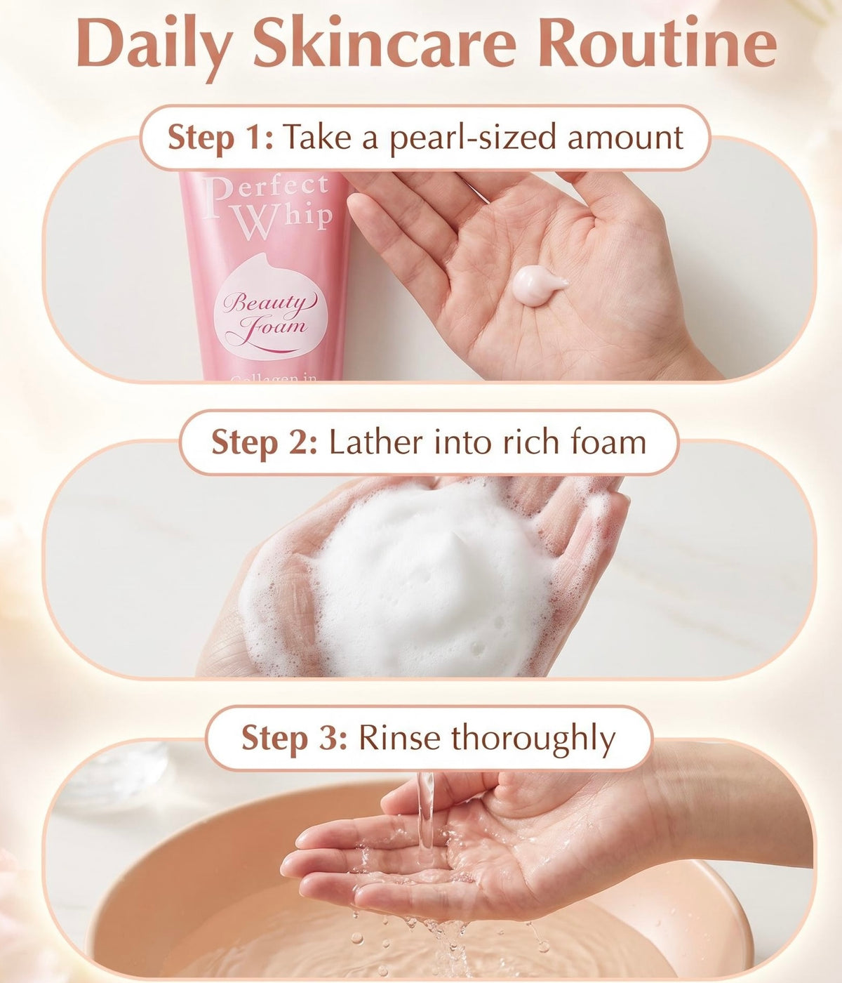 Daily Skincare Routine infographic showing three steps: Step 1 shows a hand holding a pink tube labeled 'Perfect Whip Beauty Foam' and taking a pearl-sized amount of cream. Step 2 shows the cream being lathered into rich foam in hands.