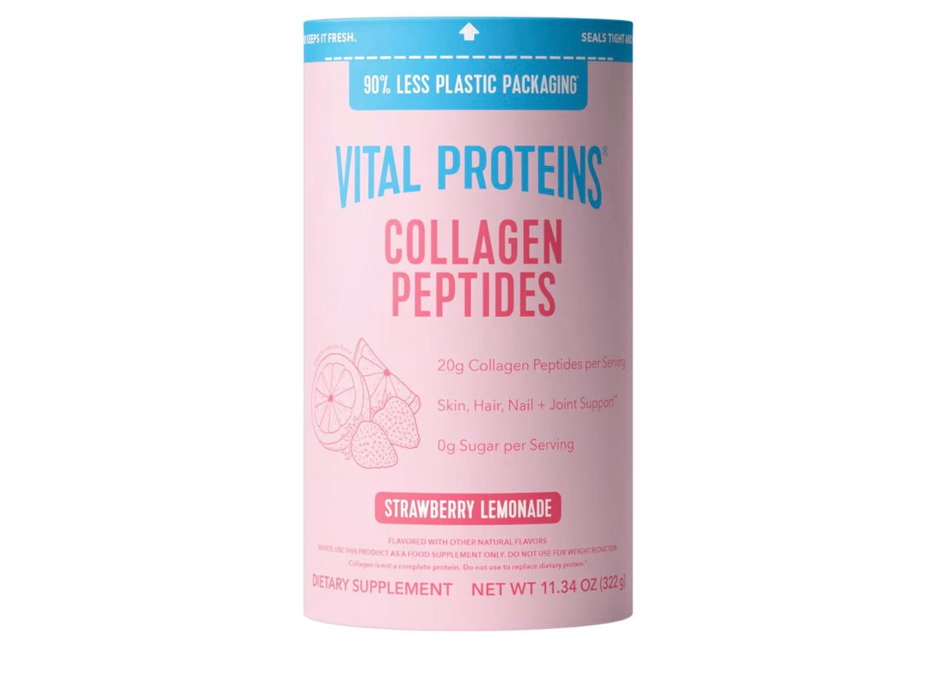 Vital Proteins Collagen Peptides packaging in strawberry lemonade flavor on a white background