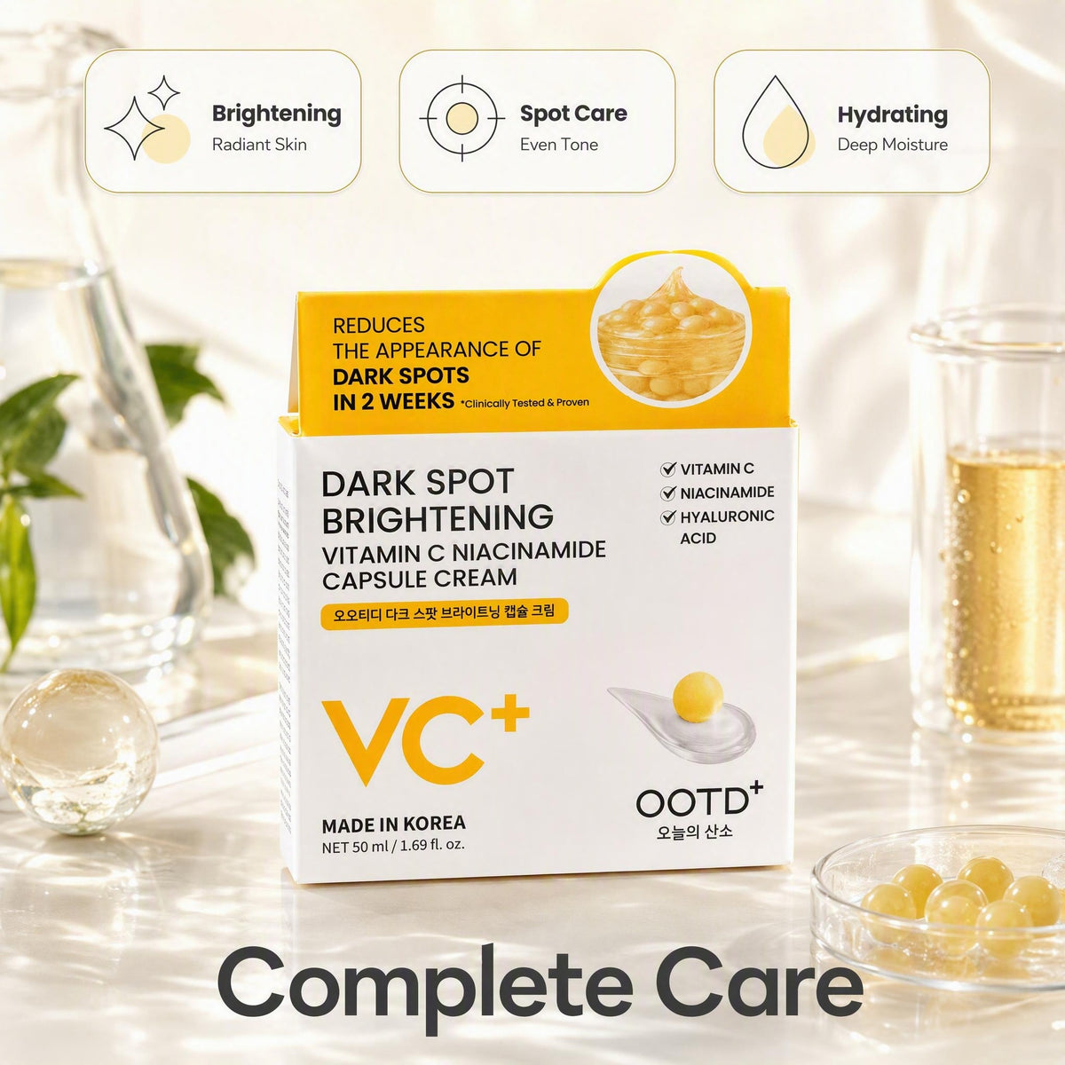OOTD+ VC+ Brightening Vitamin C Niacinamide Capsule Cream box shown on a clean white background with decorative glass cups and capsules, plus feature callouts for brightening, spot care, and hydrating.
