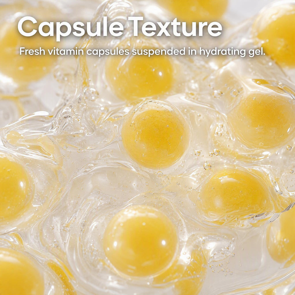 Close-up of yellow vitamin capsules suspended in clear, gel-like material with overlaid text reading 'Capsule Texture' and 'Fresh vitamin capsules suspended in hydrating gel.'.